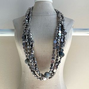 Statement Multi Layered Silver Beaded and Gray Stone Necklace
